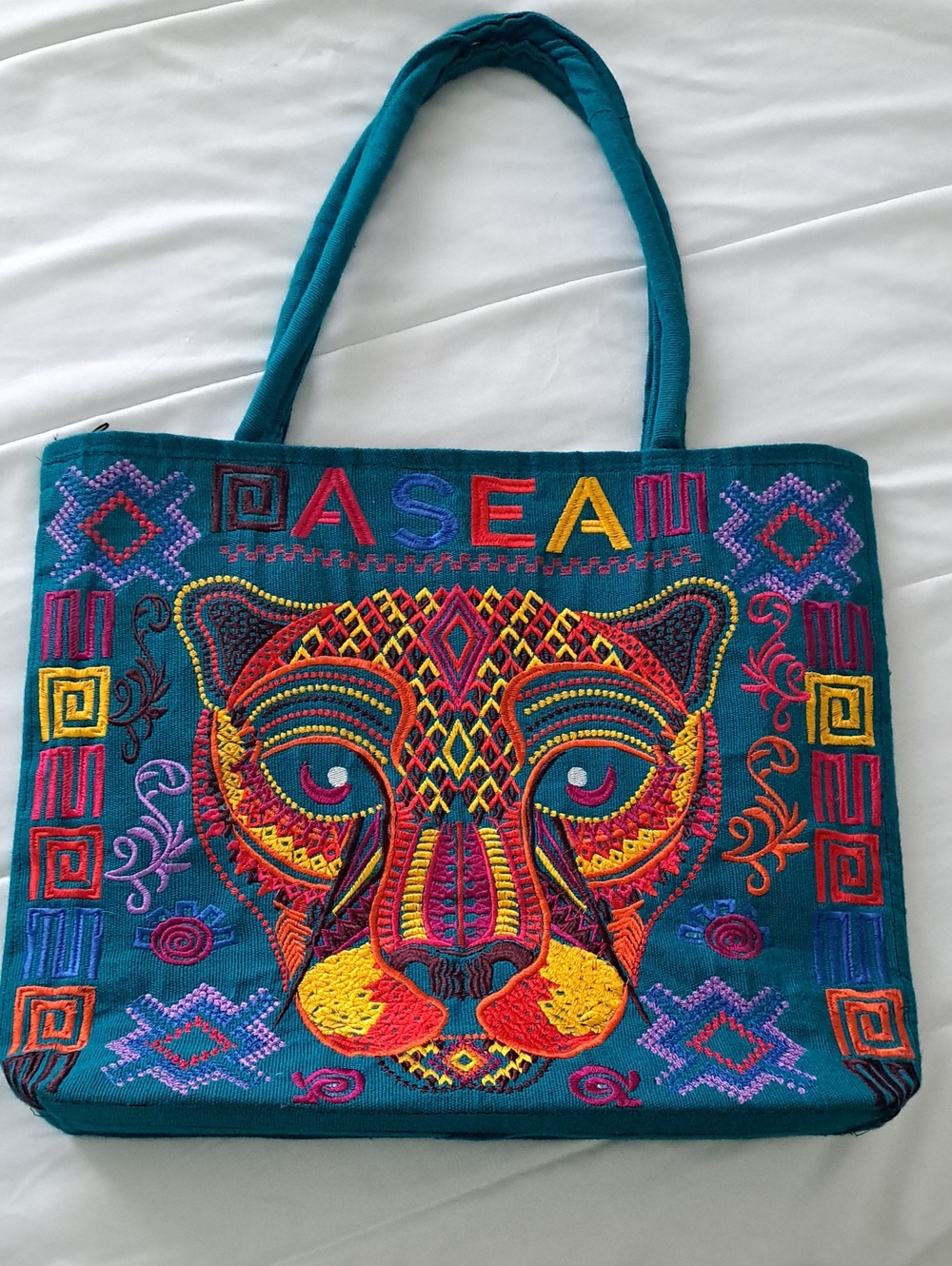 Teal Embroidered Tiger Tote Bag Colorful Tribal Top Zipper Two Back Compartment